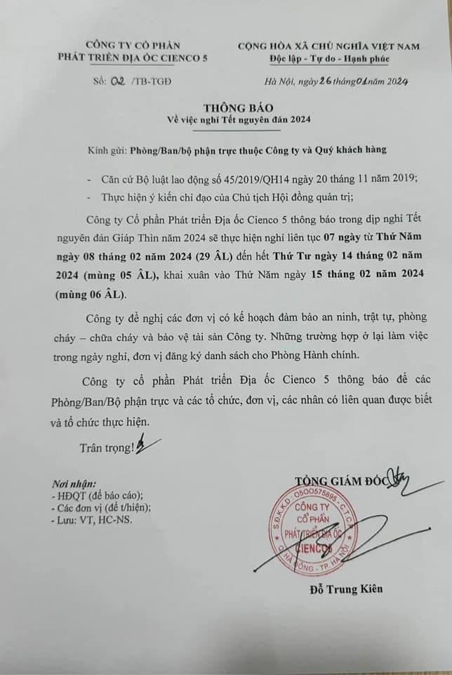 Lịch nghỉ Tết nguyên đán 2024 của công ty CPPT Địa Ốc Cienco 5
