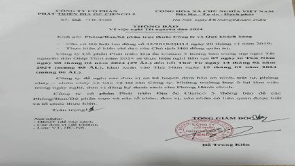 Lịch nghỉ Tết nguyên đán 2024 của công ty CPPT Địa Ốc Cienco 5
